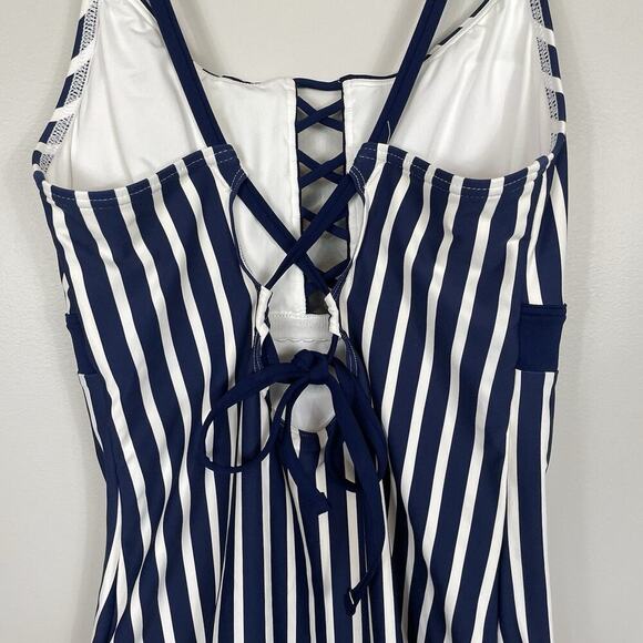 Lands End Lace Up One-Piece Swimsuit Womens 12 Blue & White Beach Resort Cruise - Picture 7 of 13